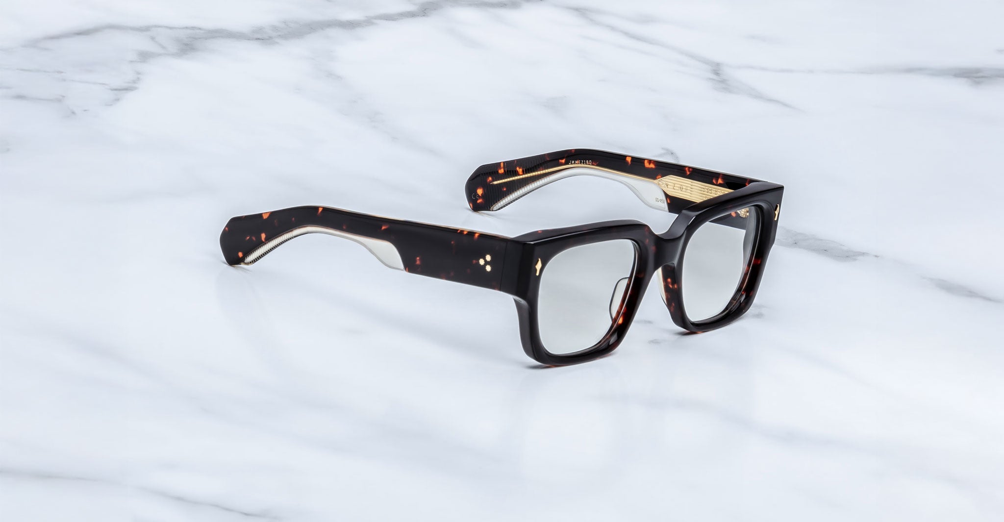 Jacques Marie Mage Enzo eyeglasses with thick rectangular tortoiseshell frames, top view.
