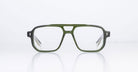 The Jacques Marie Mage Evans by Jacques Marie Mage is a pair of green rectangular eyeglasses featuring a thick, oversized acetate frame, shown from the front against a plain white background.