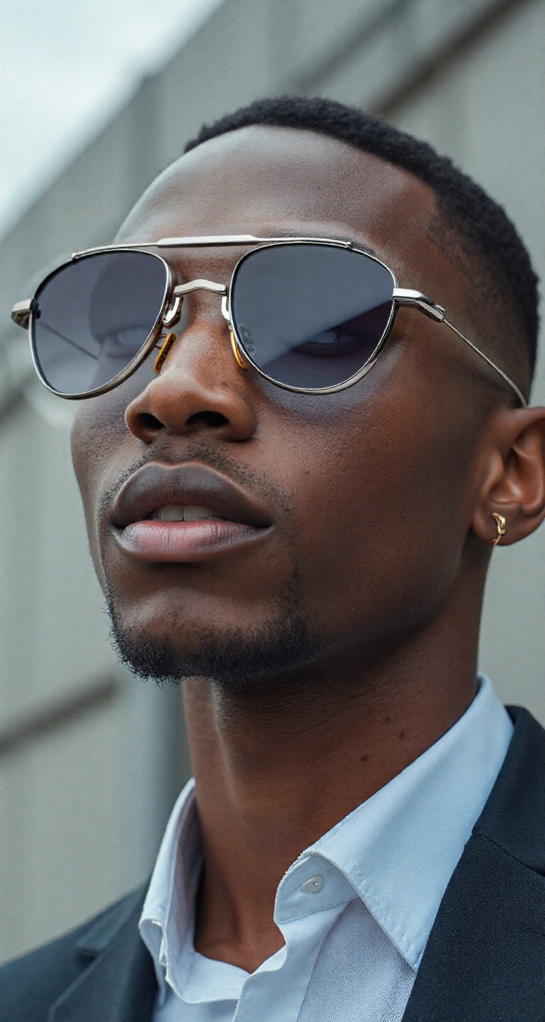Close-up of a male model wearing Jacques Marie Mage Flynn sunglasses in silver, with a confident expression in an outdoor setting
