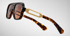 Jacques Marie Mage Fugue square sunglasses with thick tortoiseshell frames, gold temples, and brown lenses, front view.
