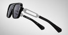 Jacques Marie Mage Fugue sunglasses with thick black frames and silver temples, front view, designer eyewear by Jacques Marie Mage.