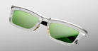 Jacques Marie Mage Gaspard sunglasses, clear frames, green polarized lenses, metallic accents, shown from the front angle.