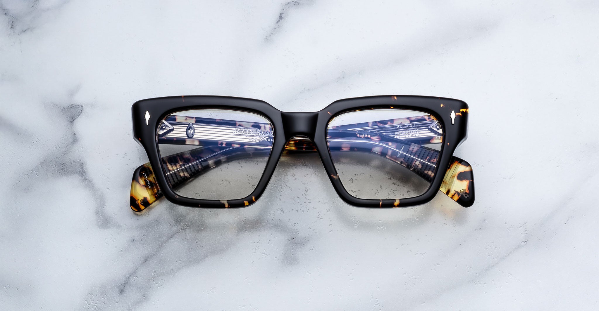 Jacques Marie Mage Ichikawa square tortoiseshell eyeglasses with clear lenses, front view.