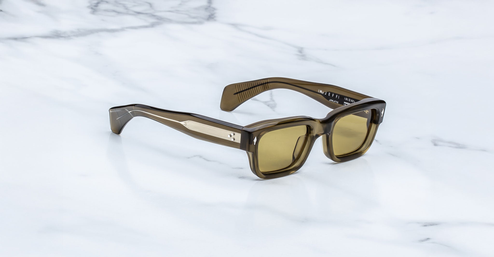 Jacques Marie Mage Jeff in Volovox side view of rectangular olive-colored sunglasses with amber lenses