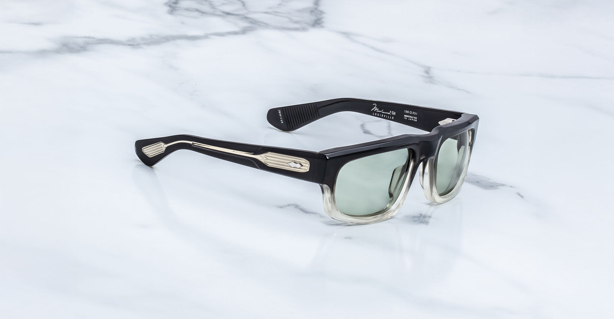 Jacques Marie Mage Louisville rectangular sunglasses, black to clear gradient frames, metallic accents, gradient lenses, front view.