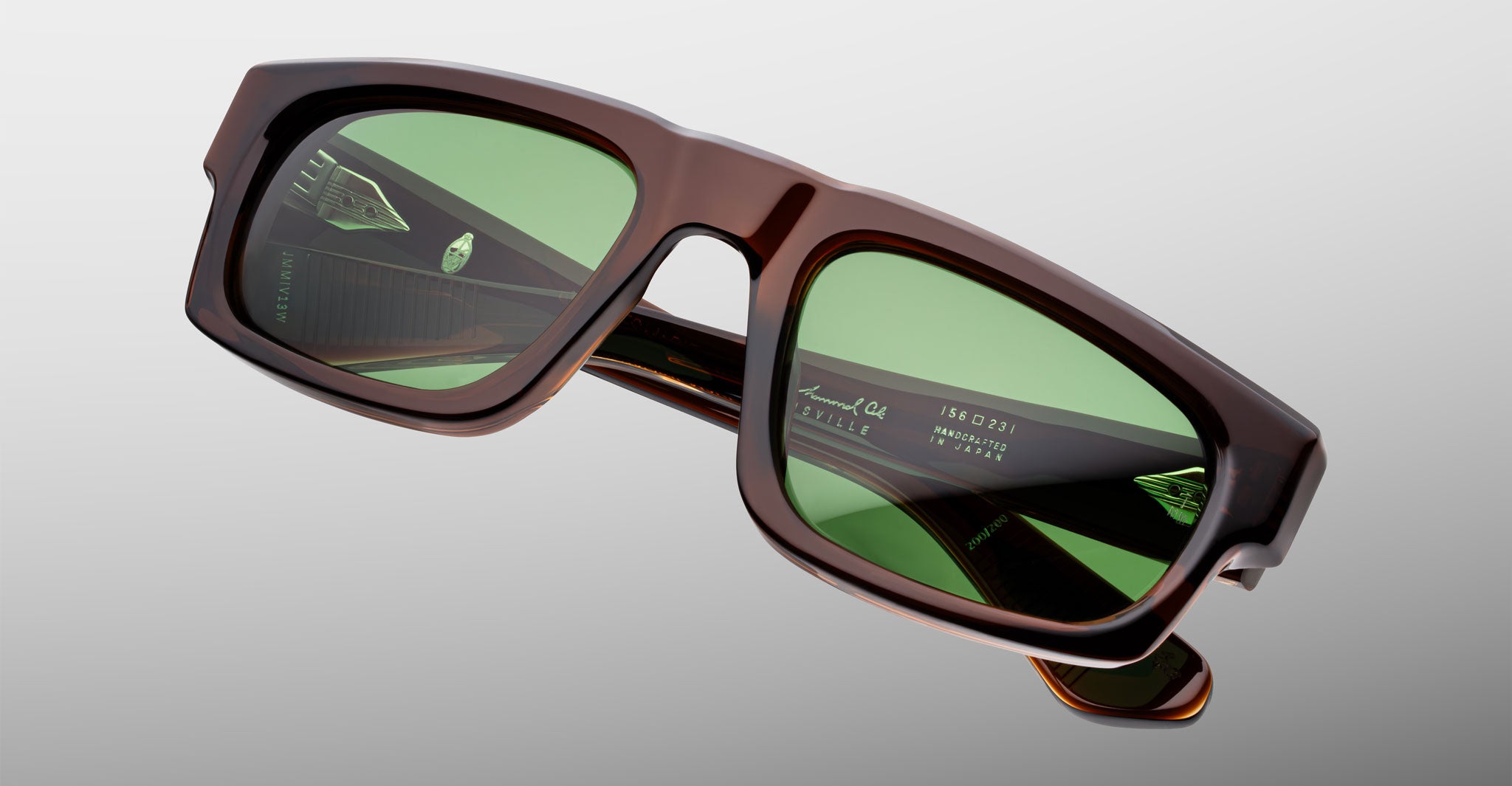 Jacques Marie Mage Louisville rectangular brown sunglasses with green polarized lenses, front view.