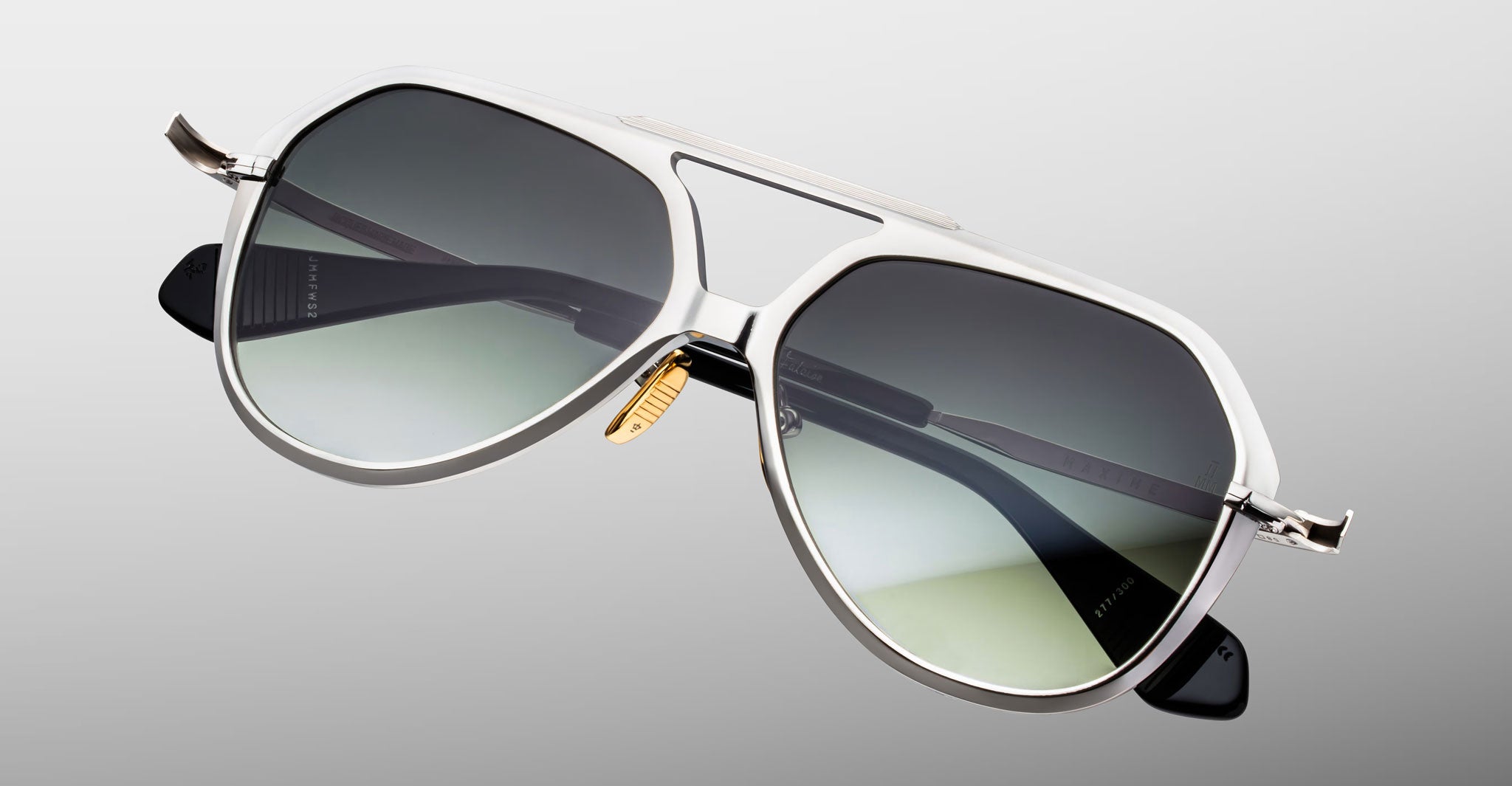 Jacques Marie Mage Maxime silver aviator sunglasses, front view, with polarized gradient lenses and black earpieces.