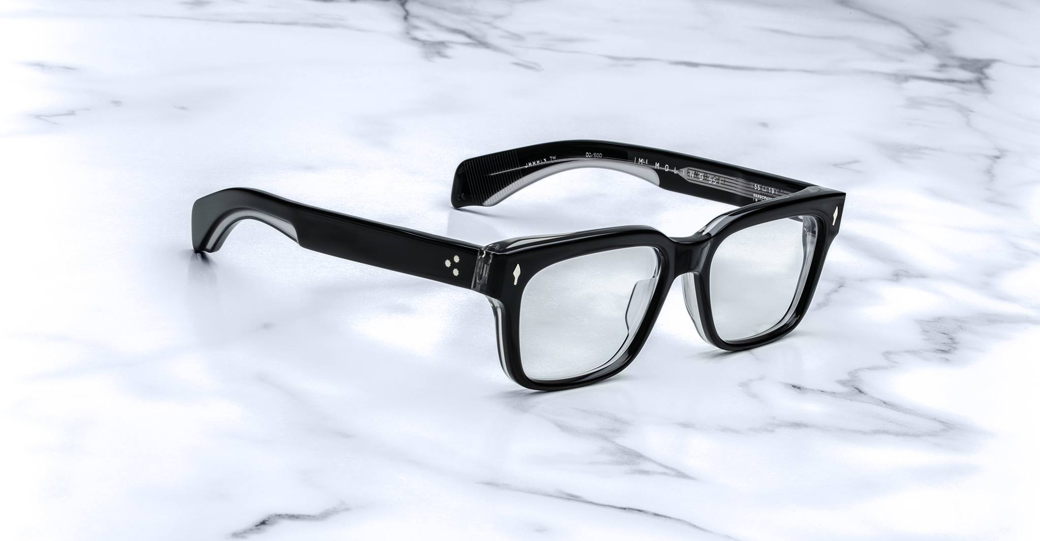 Jacques Marie Mage Molino 55 black rectangular eyeglasses with clear lenses, top down view.