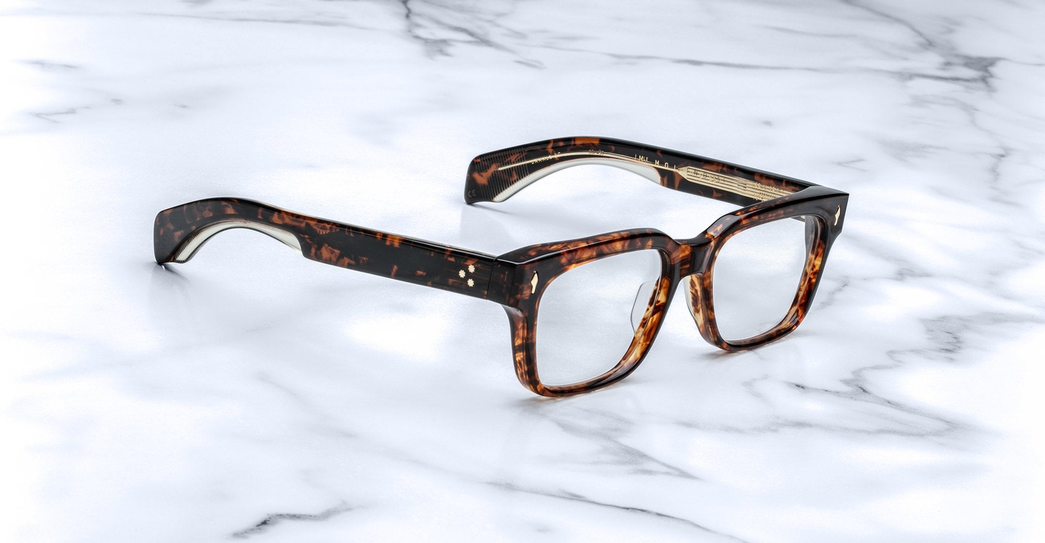 Jacques Marie Mage Molino 55 tortoiseshell eyeglasses with clear lenses, top view.