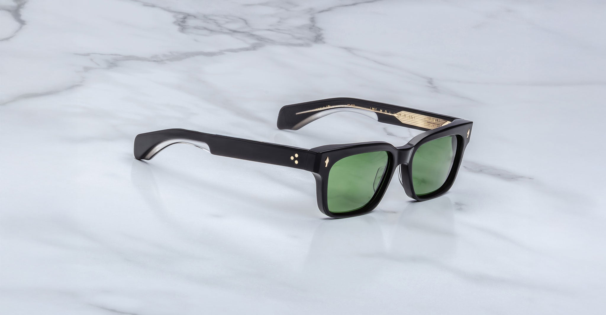 Jacques Marie Mage Molino 55 black rectangular sunglasses with green lenses, front view.