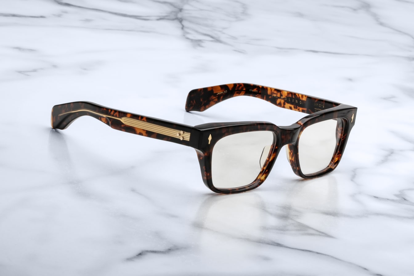 Jacques Marie Mage Molino rectangular tortoiseshell eyeglasses with gold-accented arms, front view.