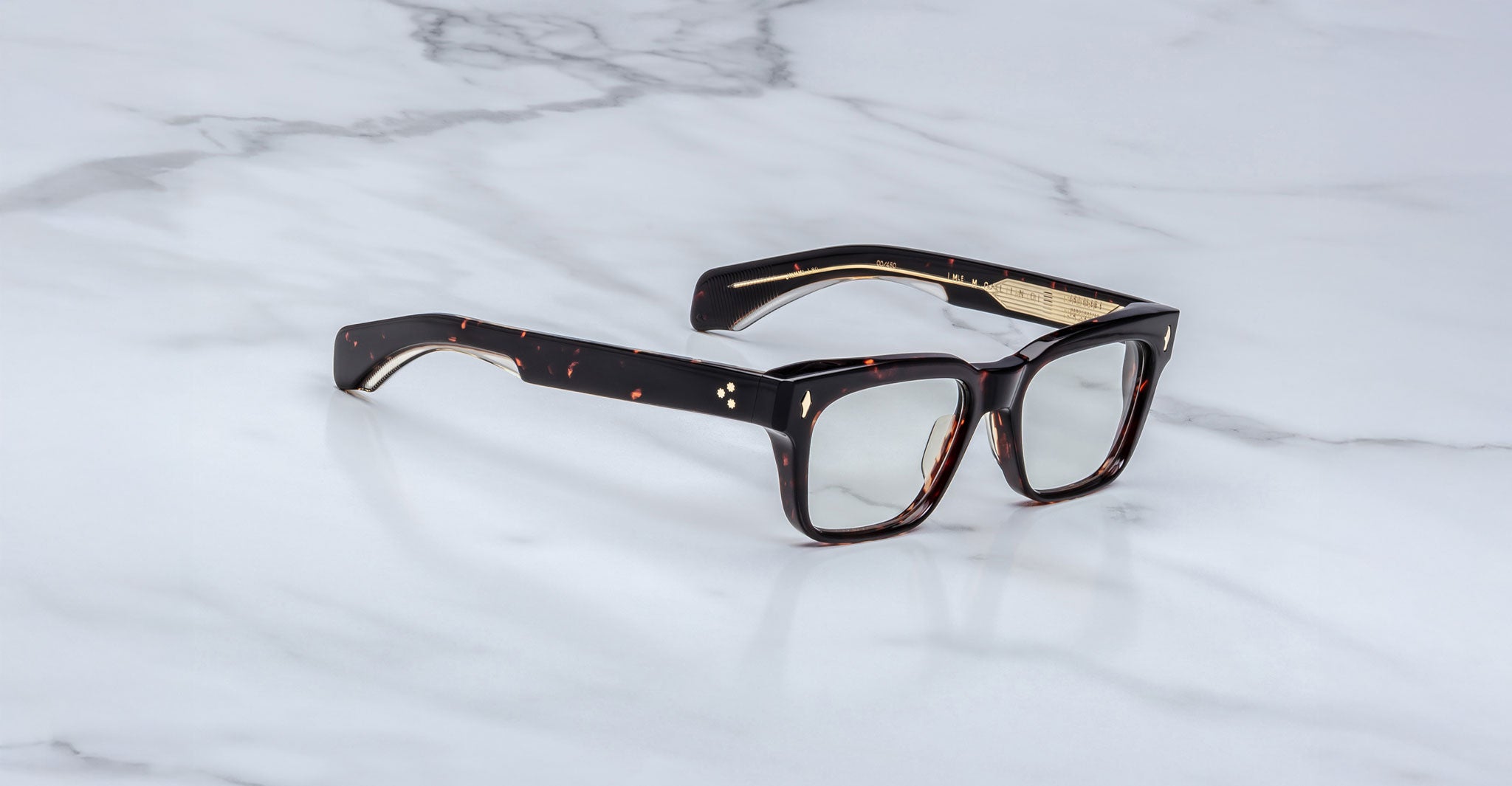 Jacques Marie Mage Molino rectangular tortoiseshell eyeglasses with clear lenses, top view.