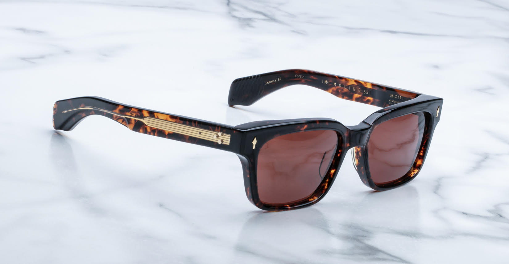 Jacques Marie Mage Molino 55 square sunglasses in tortoiseshell with brown lenses and gold accents, front angle view.