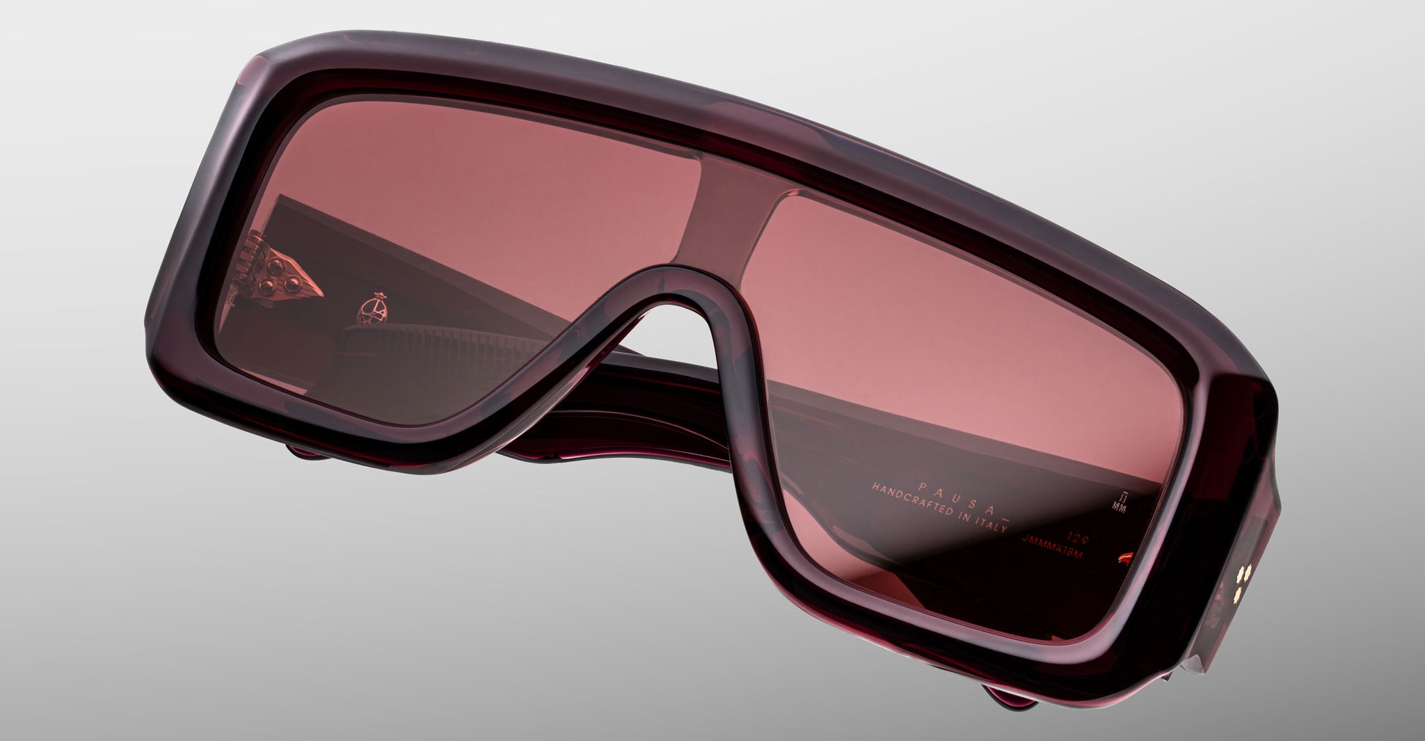 Jacques Marie Mage Pausa rectangular sunglasses, thick maroon frames, UV-protective tinted lenses, front view.
