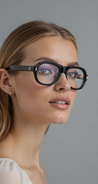 Close-up of female model wearing JMMRHRX-01 Jacques Marie Mage Richard sunglasses in Noir, side profile in a studio setting