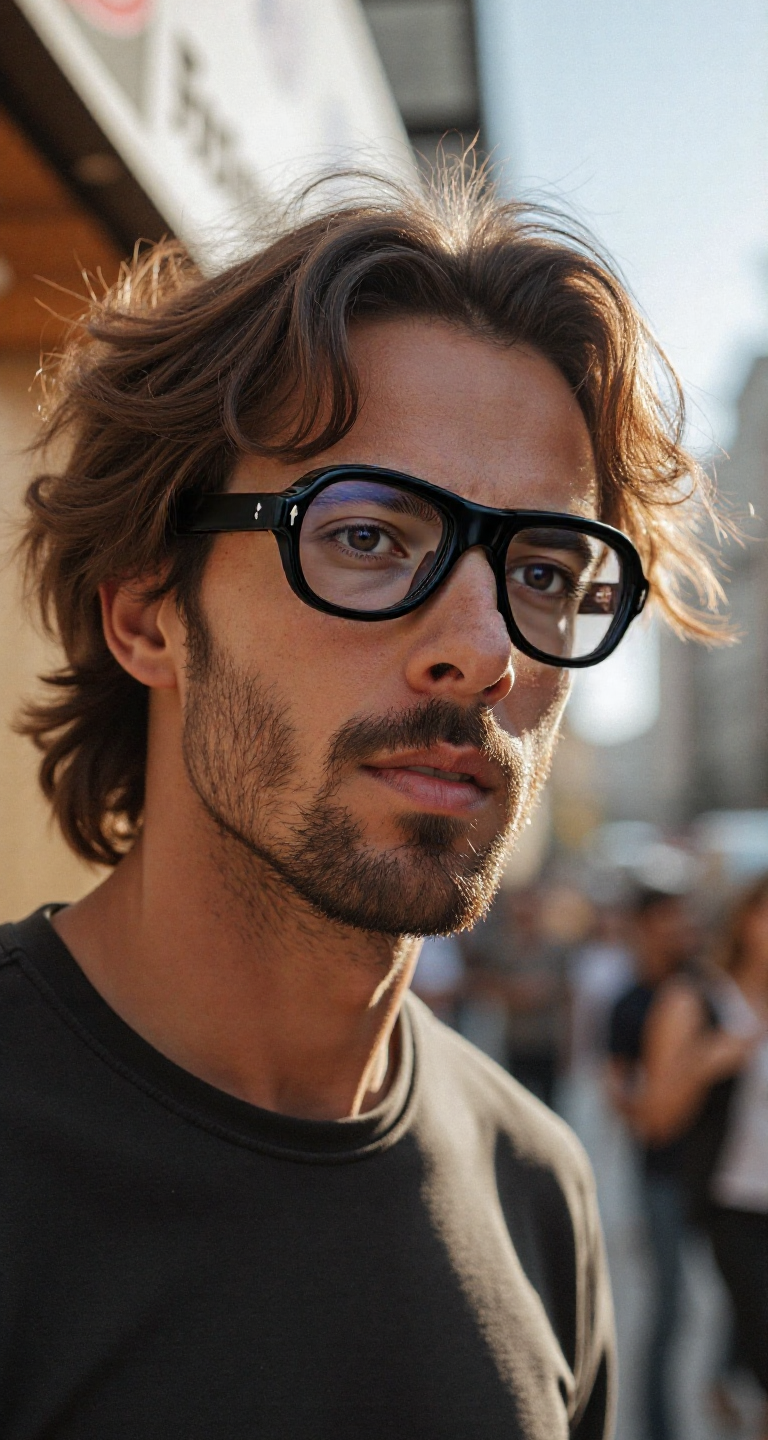 Male model wearing JMMRHRX-01 Jacques Marie Mage Richard sunglasses in Noir, in a casual outdoor daytime setting