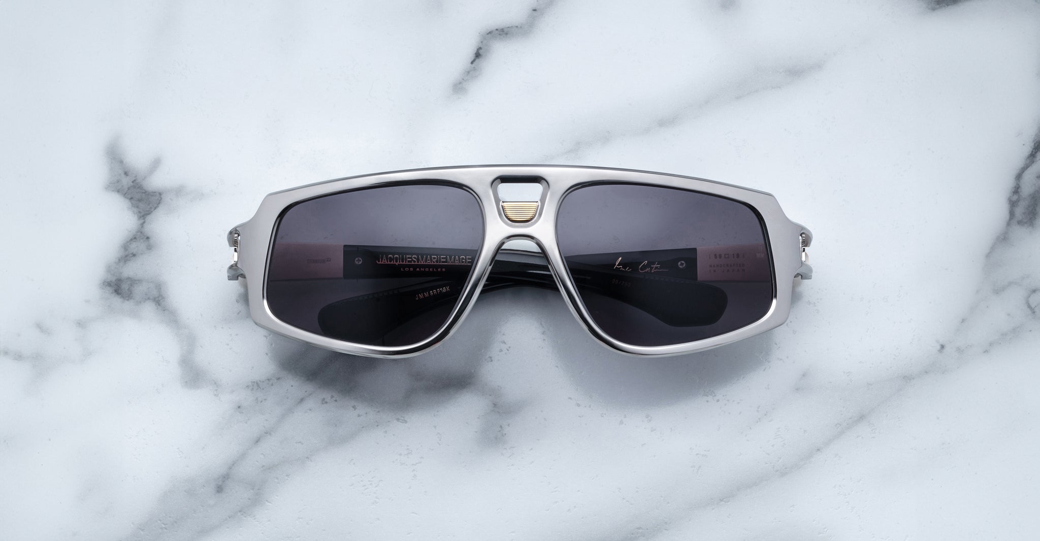 Jacques Marie Mage Scarface aviator sunglasses viewed from above, showing the front frame and lenses.