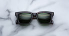 Jacques Marie Mage Torino in Etna square tortoiseshell sunglasses with green lenses, top view.