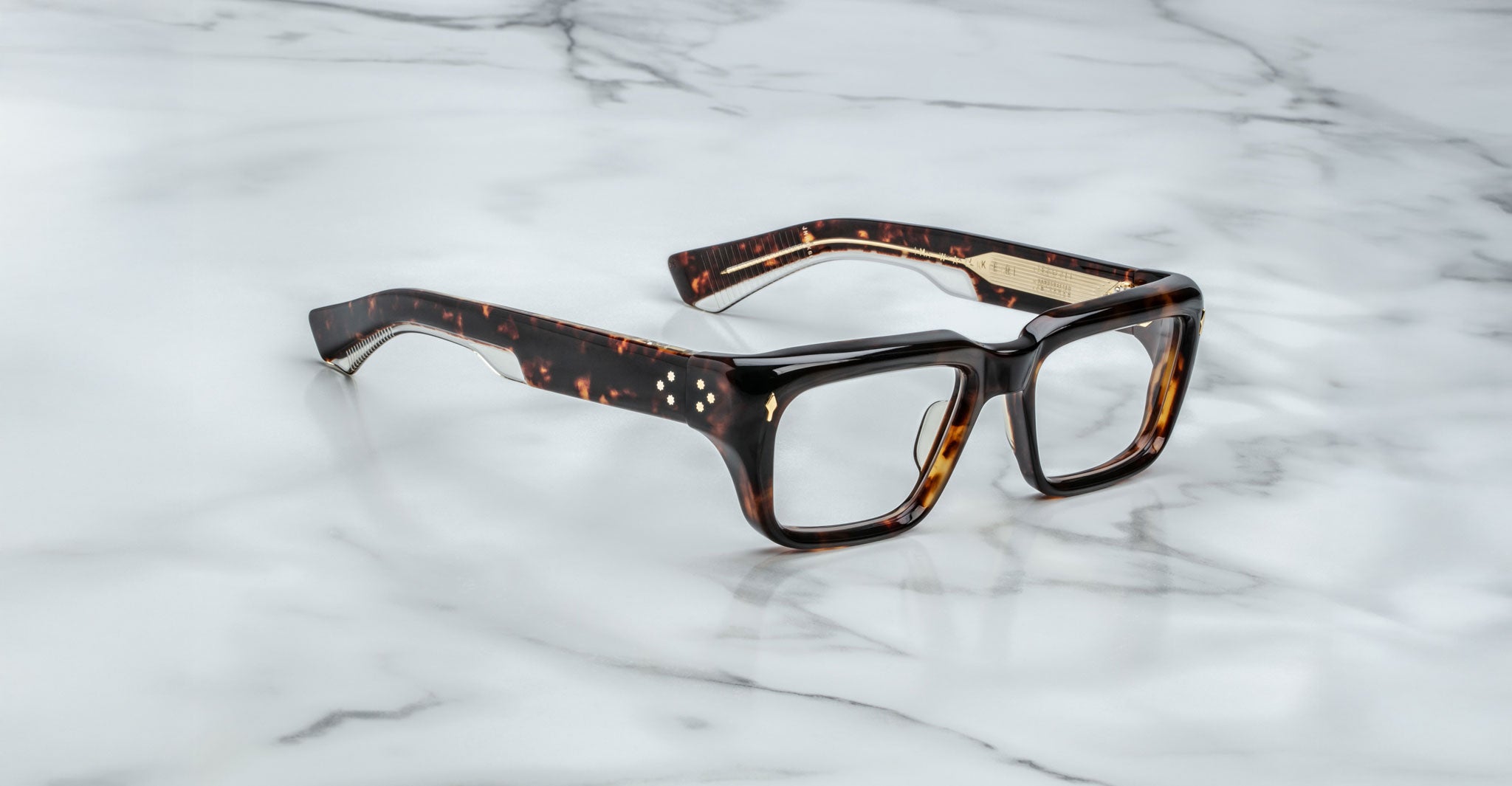 Jacques Marie Mage Walker rectangular tortoiseshell eyeglasses with thick frames, top view.