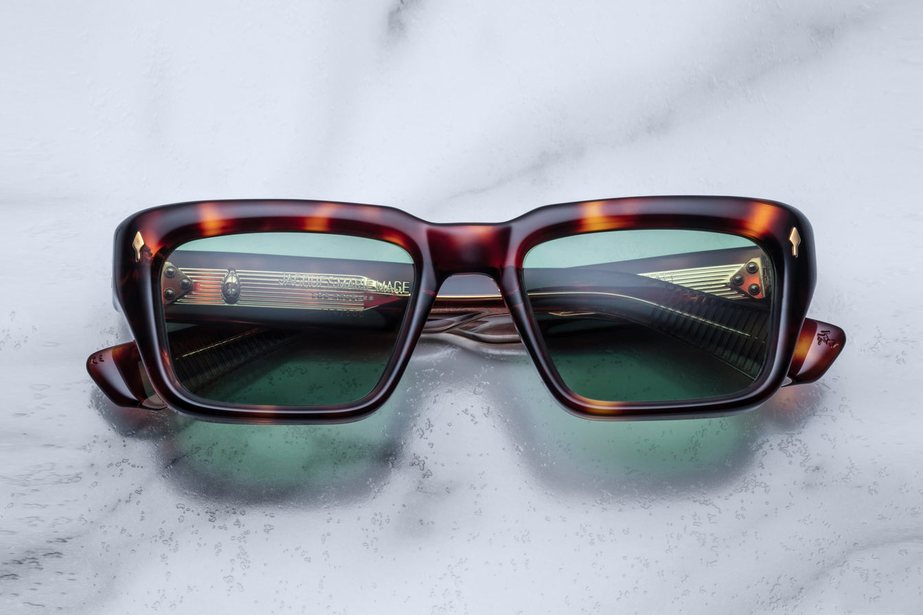 Jacques Marie Mage Walker rectangular tortoiseshell sunglasses with green UV-protection lenses, shown from a top view.