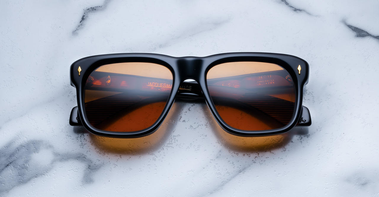Jacques Marie Mage Yves sunglasses with amber lenses, top view showing front and lenses.