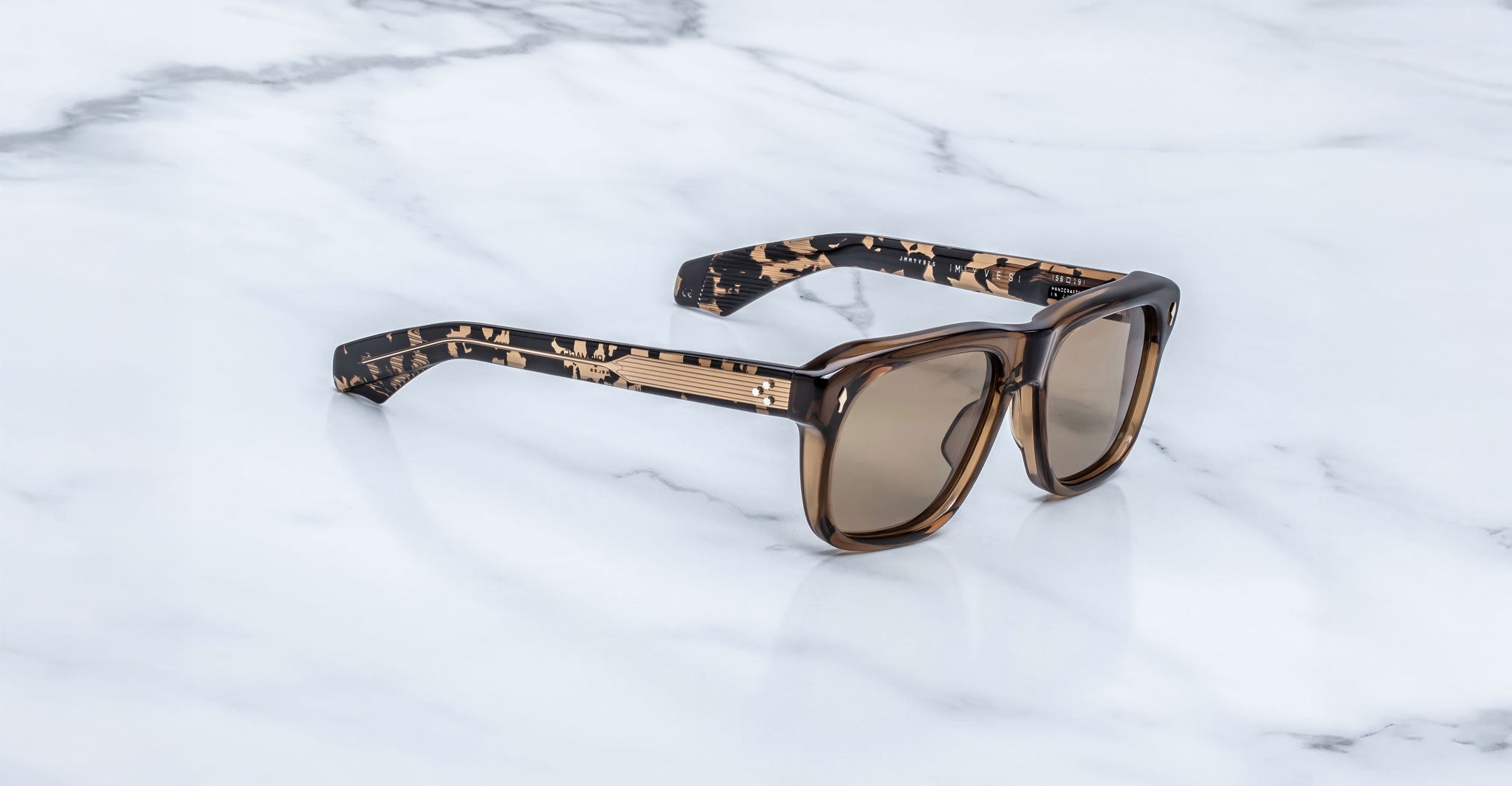 Jacques Marie Mage Yves square sunglasses in brown tortoiseshell with tan lenses, front view.