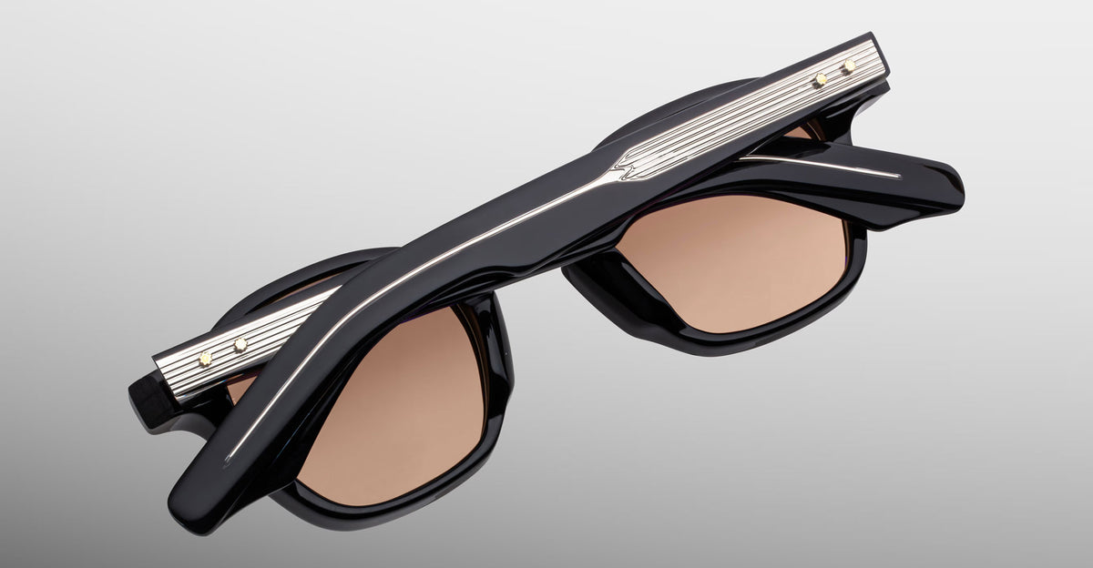 Jacques Marie Mage Zephirin sunglasses in Brun, rear detail showing glossy dark brown acetate, warm brown lenses, and silver-tone wirecore hardware.