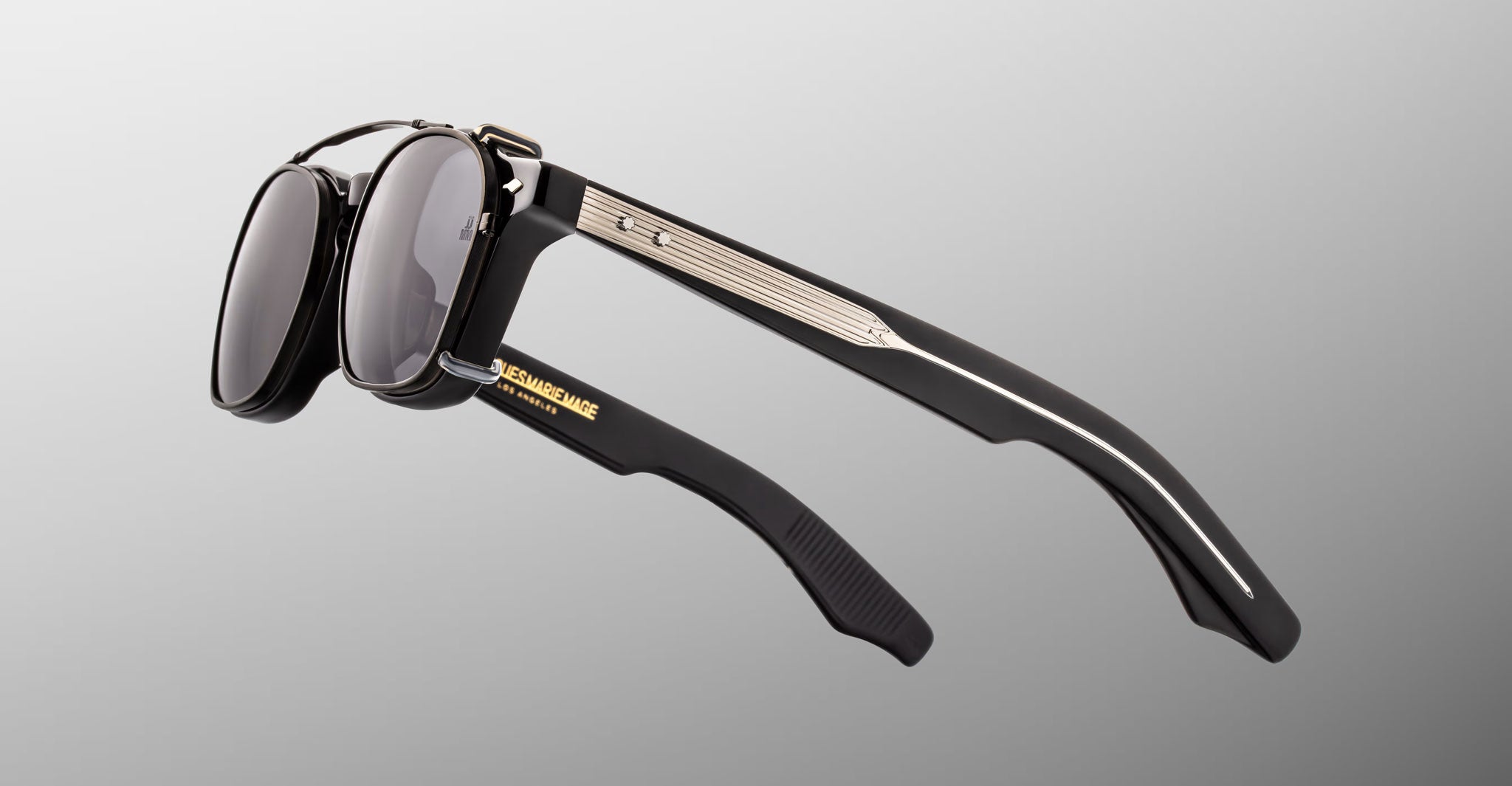 Jacques Marie Mage Zephirin Clip On 2 sunglasses, gold accents and logo visible, shown from the front.