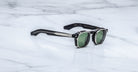 Jacques Marie Mage Zephirin Clip On 2 sunglasses with green lenses, top view, display product details and frame design.