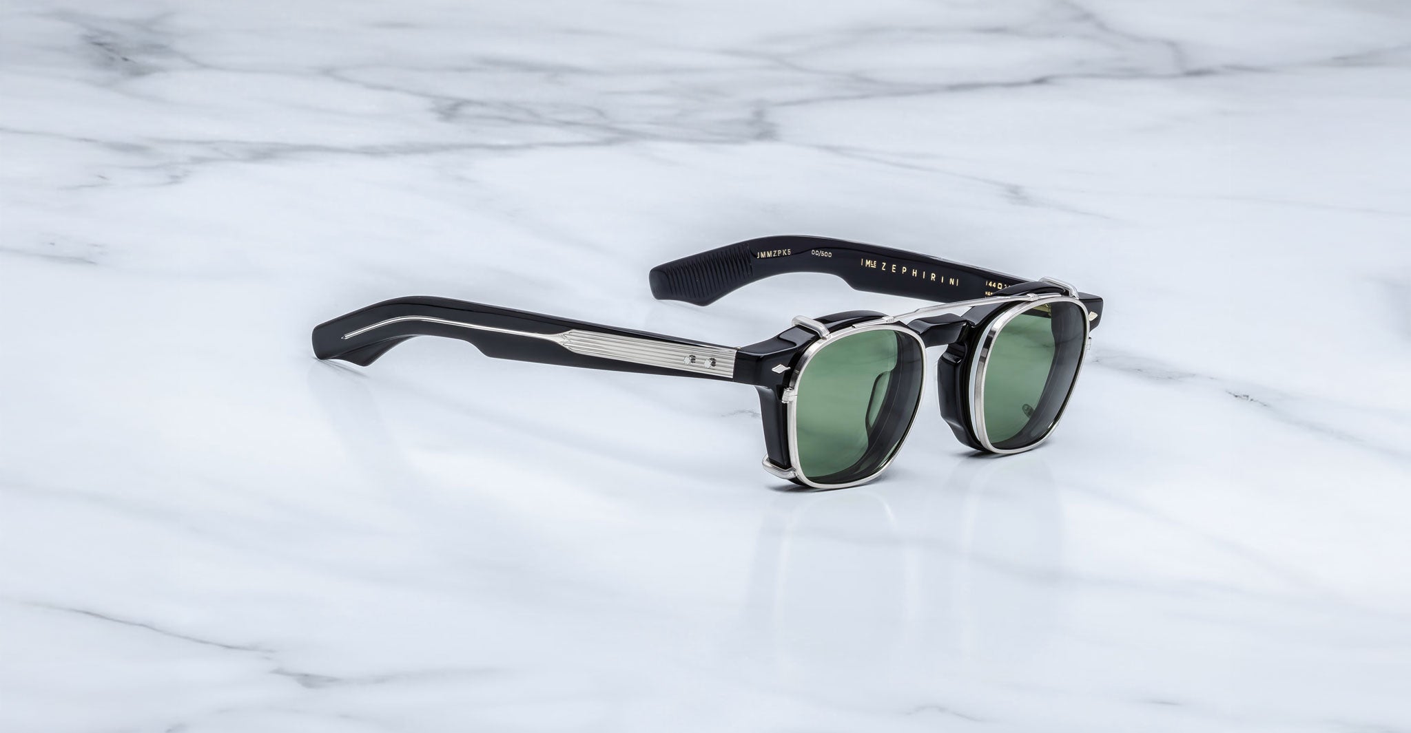 Jacques Marie Mage Zephirin Clip On 2 sunglasses with green lenses, top view, display product details and frame design.