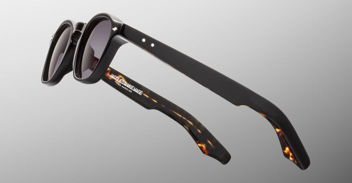 Jacques Marie Mage Zephirin sunglasses in Noir 11, side detail showing glossy black acetate temples with subtle tortoiseshell accents.