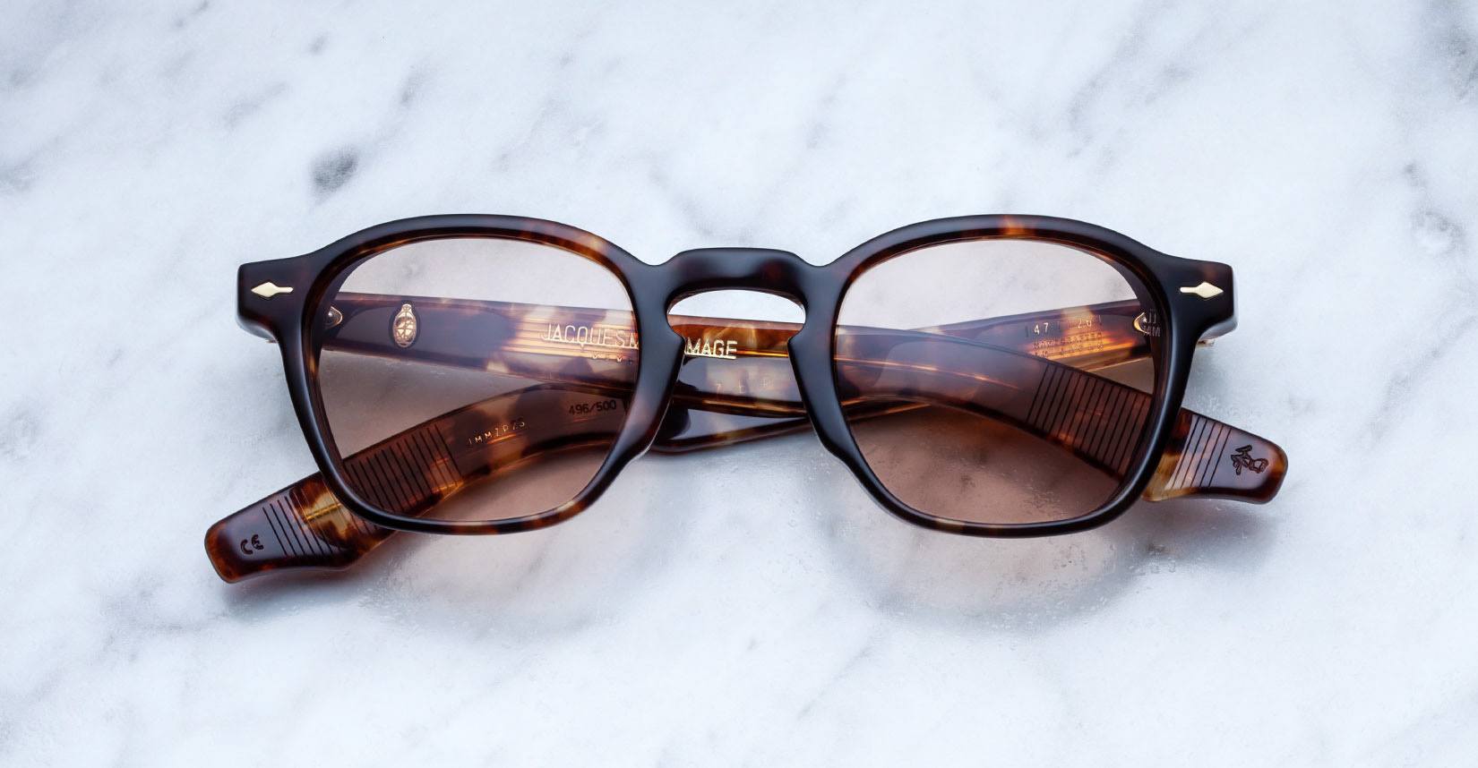 Jacques Marie Mage Zephirin 47 round tortoiseshell eyeglasses shown from above.