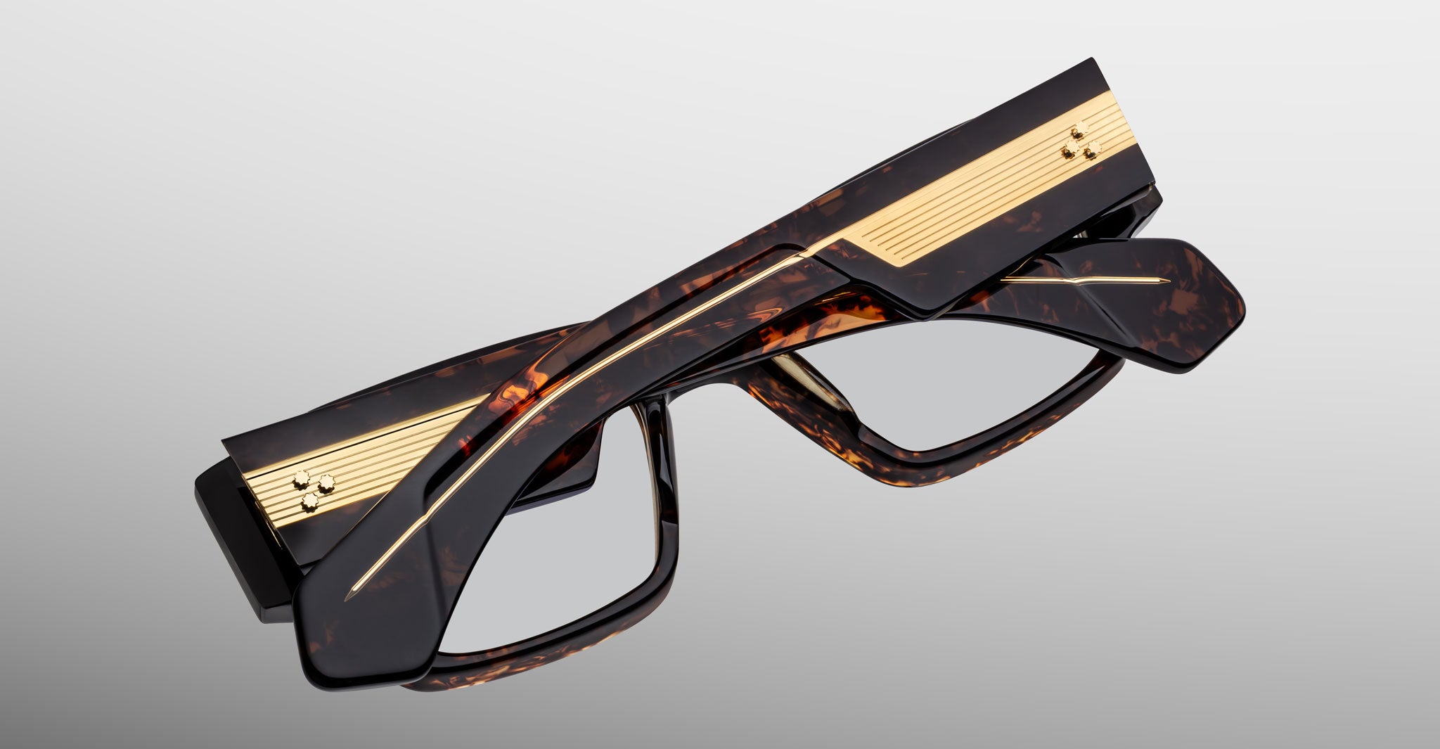 Jacques Marie Mage Zimmerman optical frame in tortoise acetate with bold rectangular frame, clear lenses, and wide temples with exposed gold  wirecore detail, back view