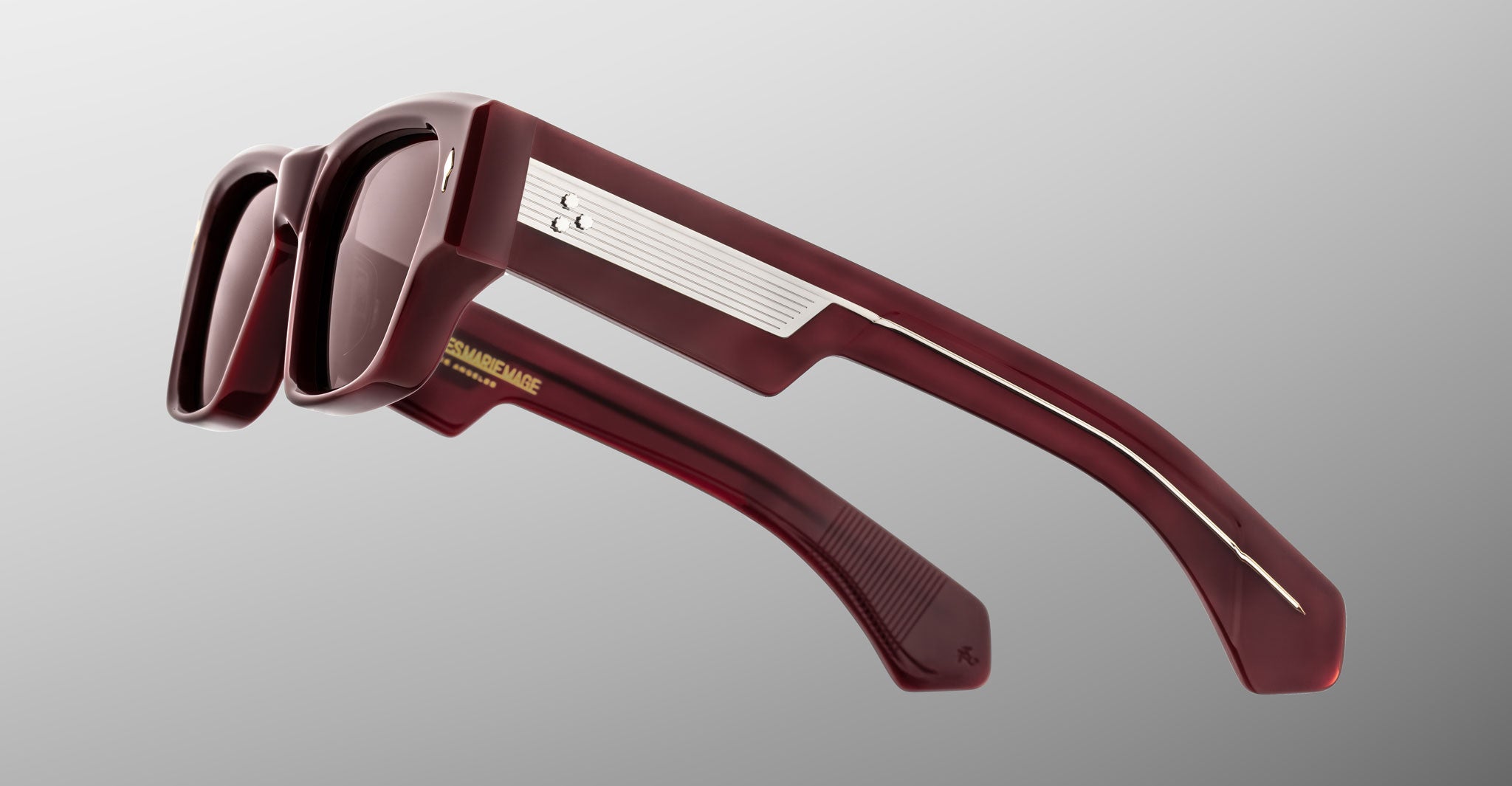 Jacques Marie Mage Zimmerman sunglasses in Bordeaux Empire red acetate with bold rectangular frame, brown tinted lenses, and wide temples with signature metal core detail, side view