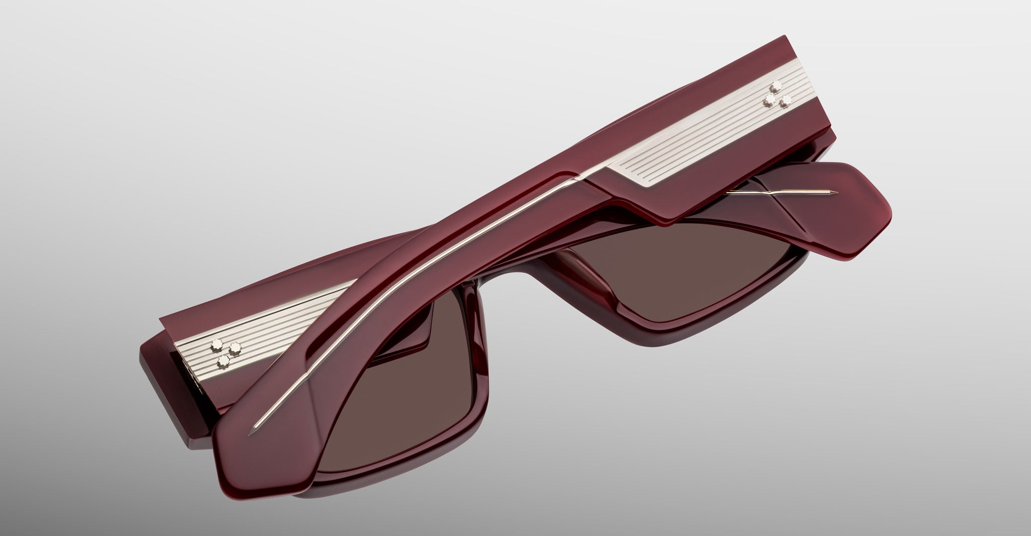 Jacques Marie Mage Zimmerman sunglasses in Bordeaux Empire red acetate with bold rectangular frame, brown tinted lenses, and wide temples with signature metal wirecore detail, back view