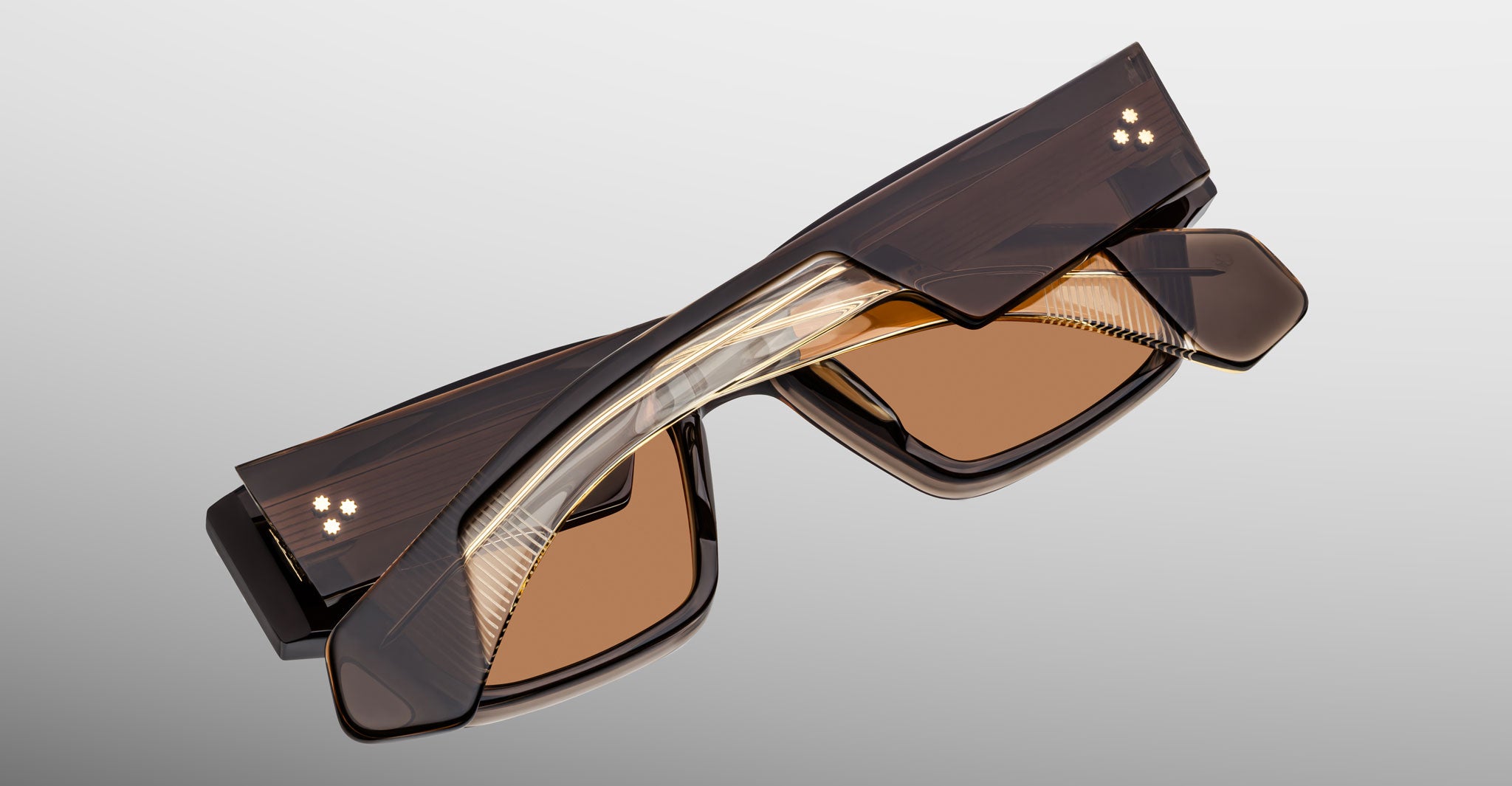 Jacques Marie Mage Zimmerman sunglasses in London brown acetate with bold rectangular frame, brown tinted lenses, and wide temples with signature metal wirecore detail, back view