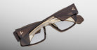 Jacques Marie Mage Zimmerman optical glasses in London brown acetate with bold rectangular frame, clear lenses, and wide temples with signature metal wirecore back view