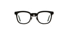 A pair of black, thick-rimmed eyeglasses with clear lenses, shown from the front against a plain white background.