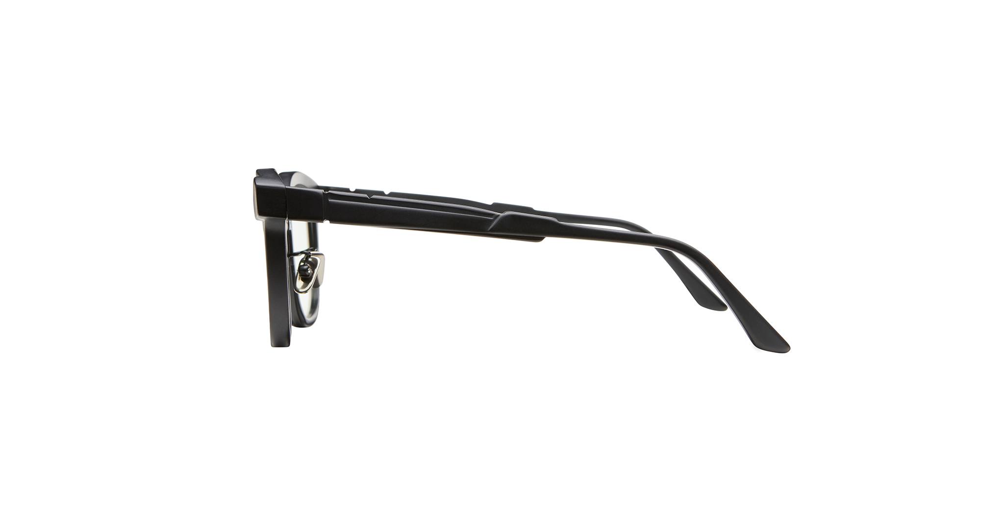 Side view of a pair of black rectangular eyeglasses with thick frames and straight arms, displayed against a plain white background.