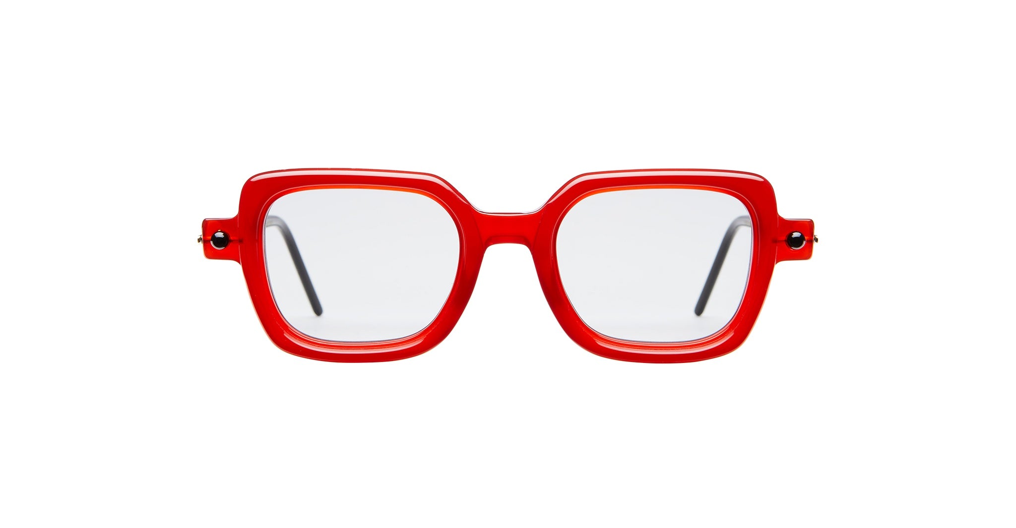 A pair of Kuboraum P4 RED eyeglasses with bold, square red frames and clear lenses, shown from the front against a white background.