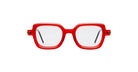 A pair of Kuboraum P4 RED eyeglasses with bold, square red frames and clear lenses, shown from the front against a white background.