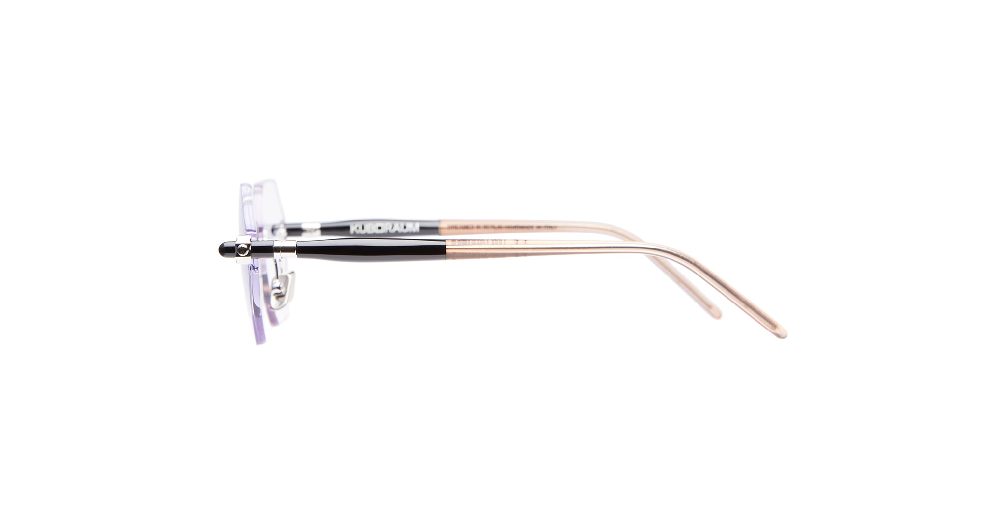 Side view of a pair of eyeglasses with thin gold metal arms, black accents near the hinges, and clear lens frames, set against a white background.