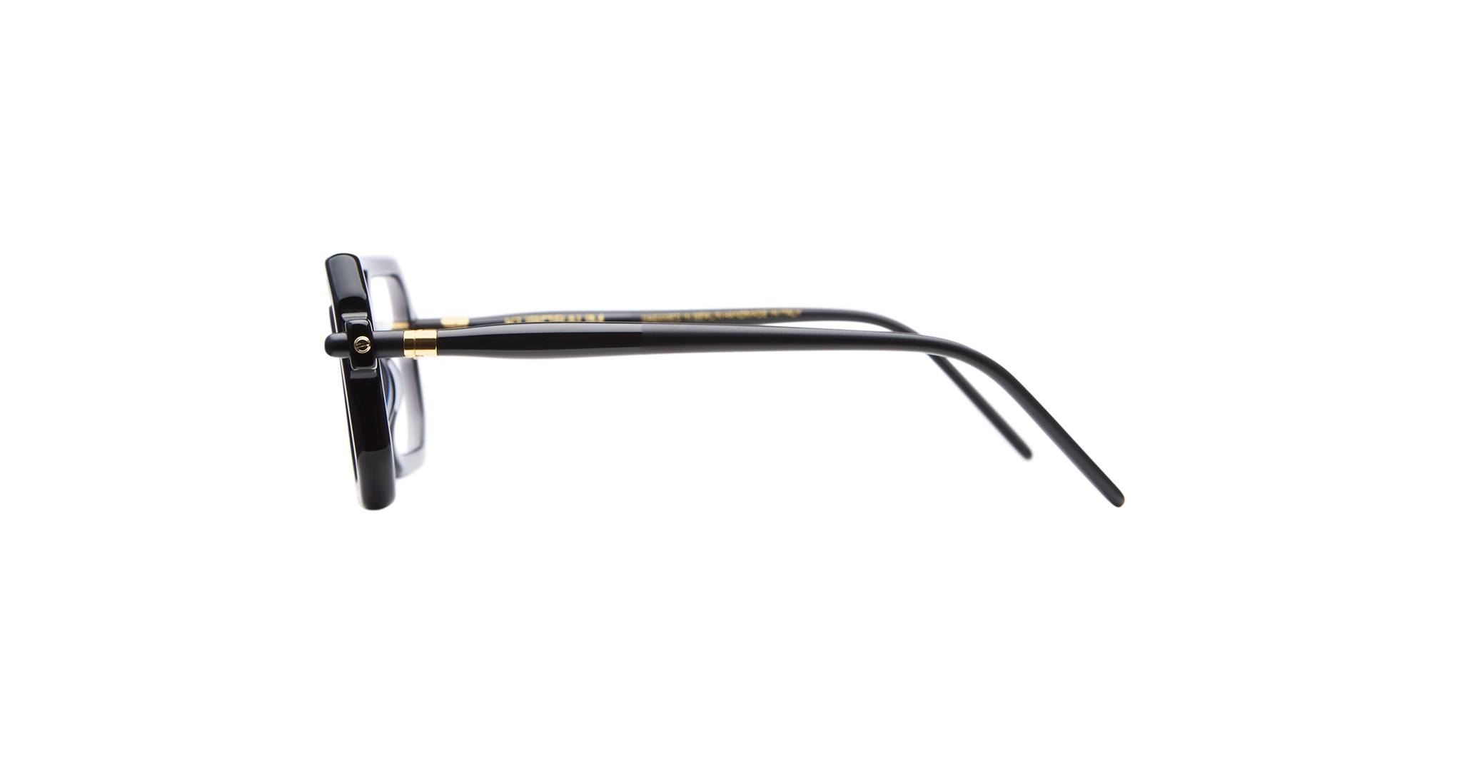 Side view of KUBORAUM P8 black rectangular eyeglasses with gold accents and thin temples.
