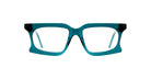 Kuboraum D73 eyeglass frames in teal with thick rectangular rims, shown from the front against a white background.