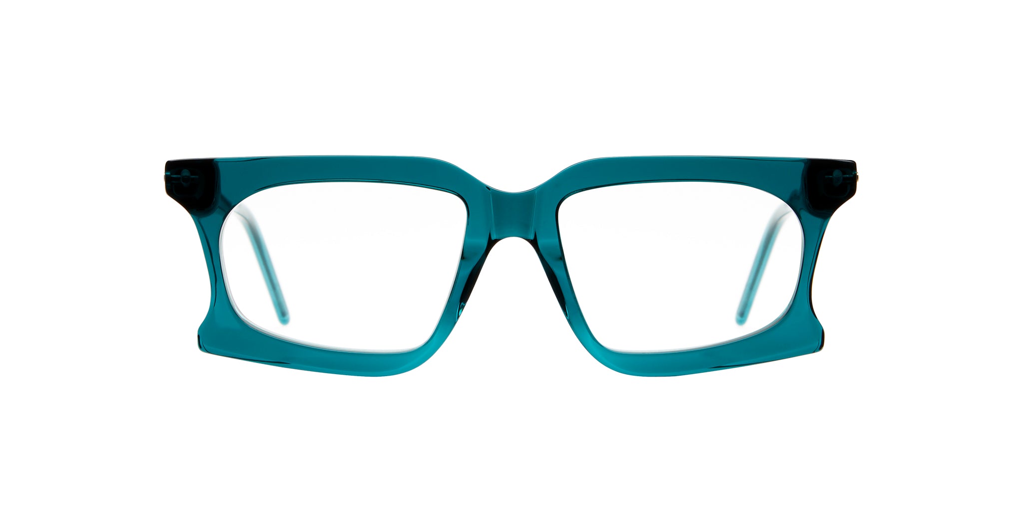 Kuboraum D73 eyeglass frames in teal with thick rectangular rims, shown from the front against a white background.