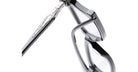 Close-up of Kuboraum D75 black eyeglasses with clear lenses, highlighting the hinge area and silver decorative detail on the temple against a white background.