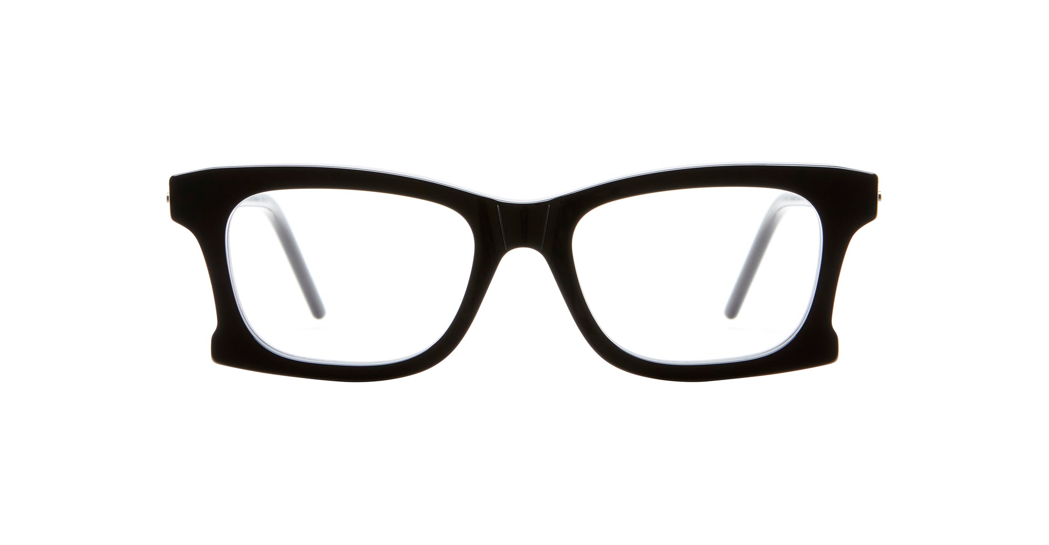 The Kuboraum D75 features black, thick-rimmed rectangular eyeglasses, shown from the front against a white background.