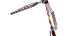 Close-up of Kuboraum D75 brown tortoiseshell eyeglass frames, highlighting the hinge and detailed metal design on the arm, set against a white background.