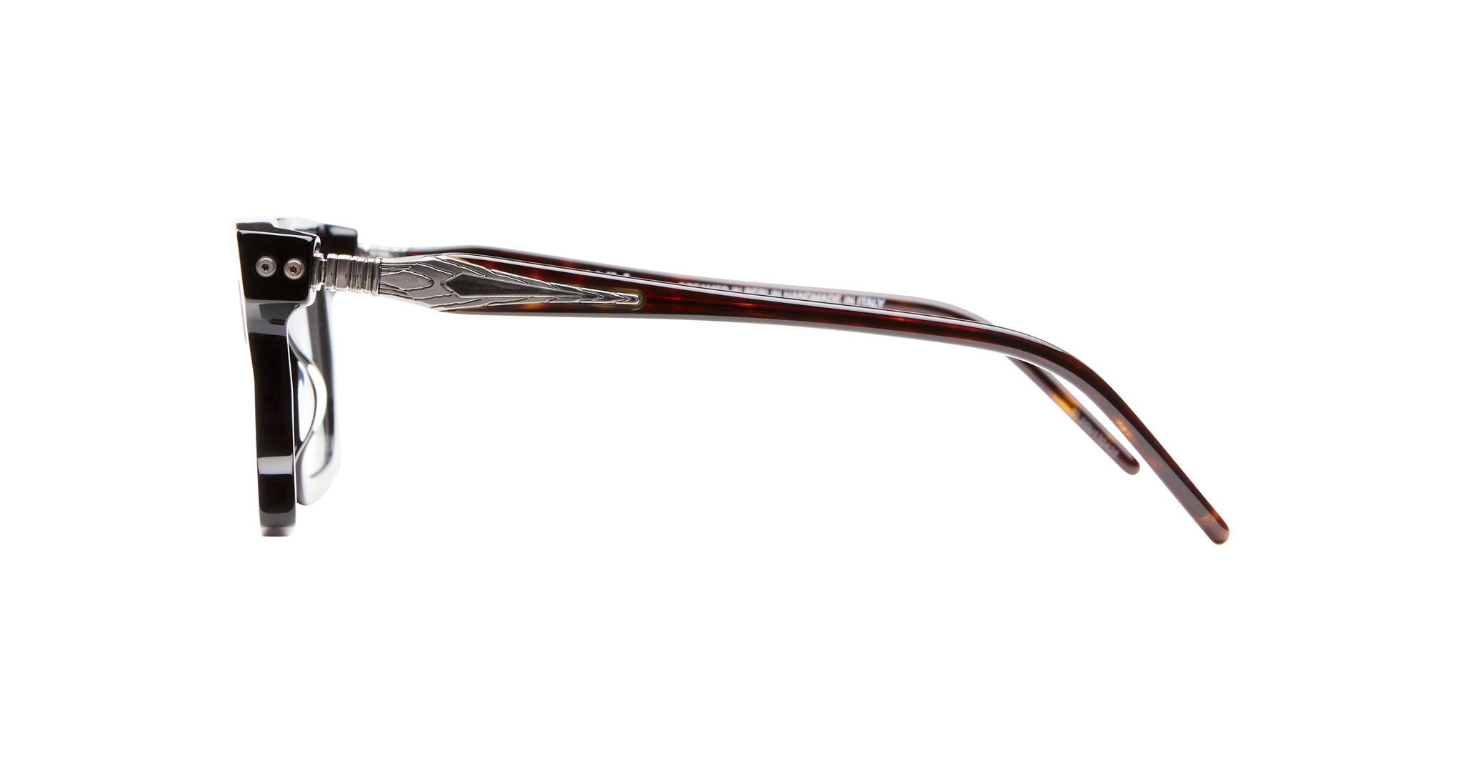 Side view of KUBORAUM D76 brown eyeglasses with silver temples, lightweight frames, and visible branding.
