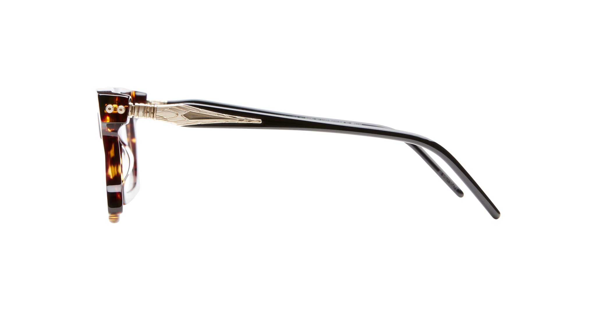 Side view of KUBORAUM D76 eyeglasses, tortoiseshell frame, black acetate arms, and gold hinge detail.